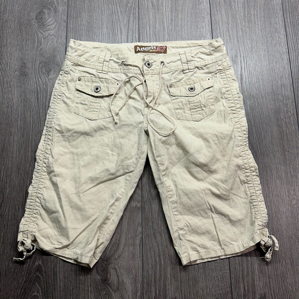 Angels Jeans Womens Khaki Cargo Capri Bermuda Shorts Y2K Ruched Drawstring 31